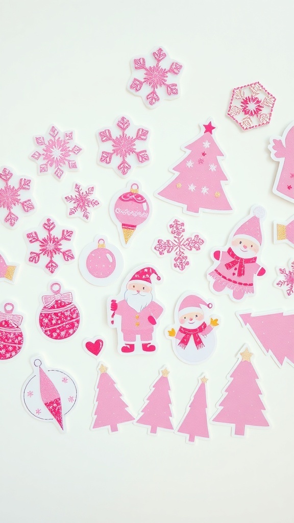 Aesthetic Pink Christmas Stickers Aesthetic pink Christmas stickers including snowflakes, ornaments, and Santa characters on a light background.